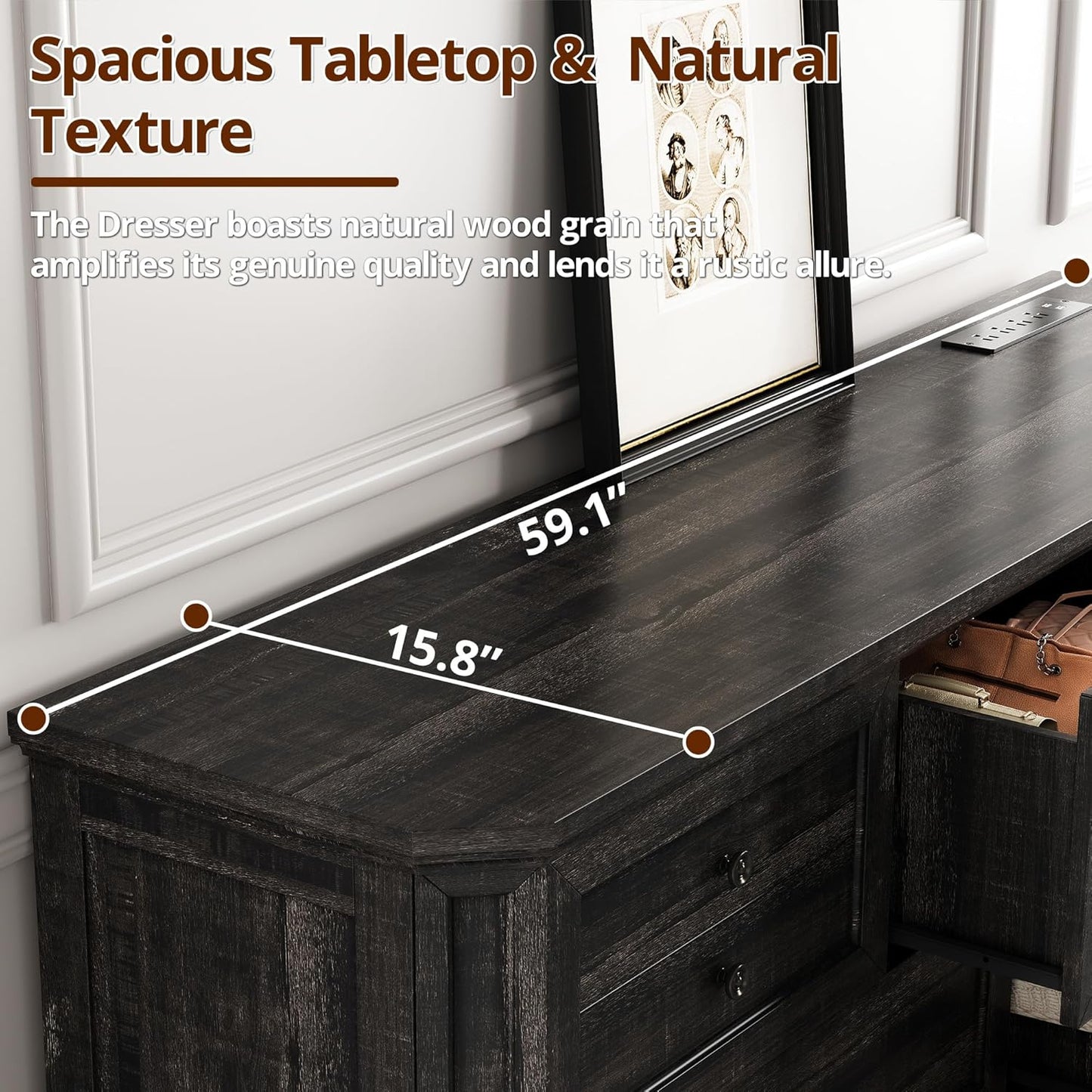 Farmhouse 7 Drawers Dresser for Bedroom, 59" Long Dresser with Charging Station, Natural Texture, Vintage Design, for Bedroom, Charcoal