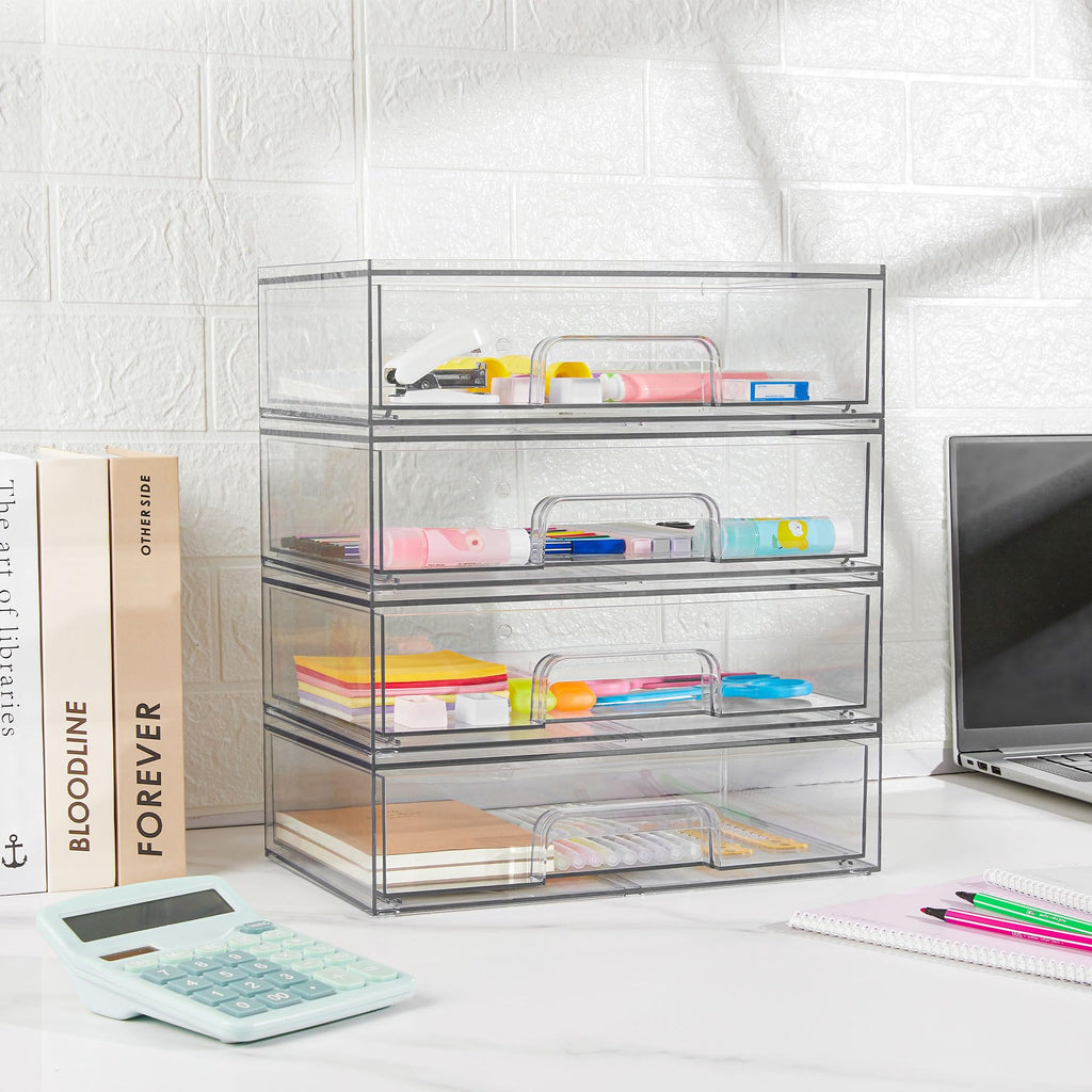 12''W Clear Stackable Storage Drawers,2 Pack Acrylic Plastic Organizers Bins for Makeup Palettes, Cosmetics, and Beauty Supplies,Ideal for Vanity, Bathroom,Cabinet,Desk Organization