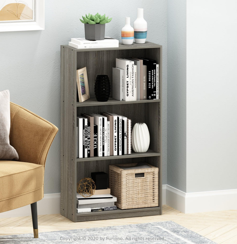 Basic 3-Tier Bookcase Storage Shelves, French Oak Grey