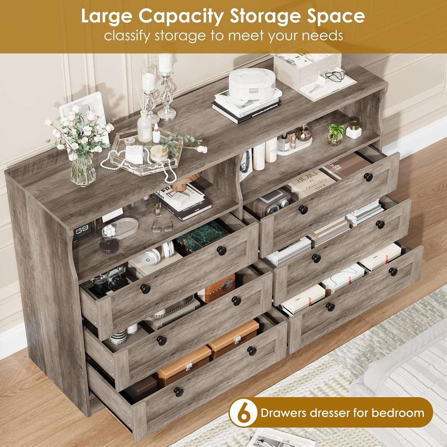 Grey Dresser for Bedroom with Power Outlet, Modern 6 Drawer Dresser Wooden with LED Light, Large Capacity Storage Dressers Bedroom, Tv Stand Dresser for Bedroom with Large Drawer, Handles
