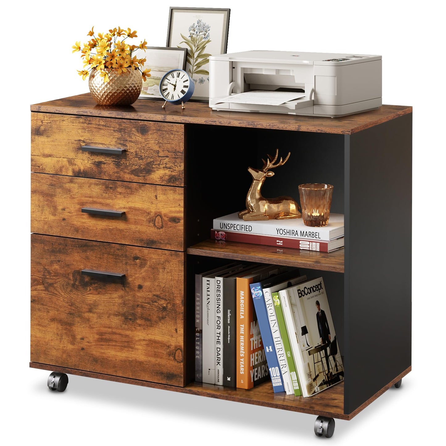 3 Drawer Mobile File Cabinet, Wood Lateral Filing Cabinet, Printer Stand with Open Shelves for Home Office, Rustic Brown