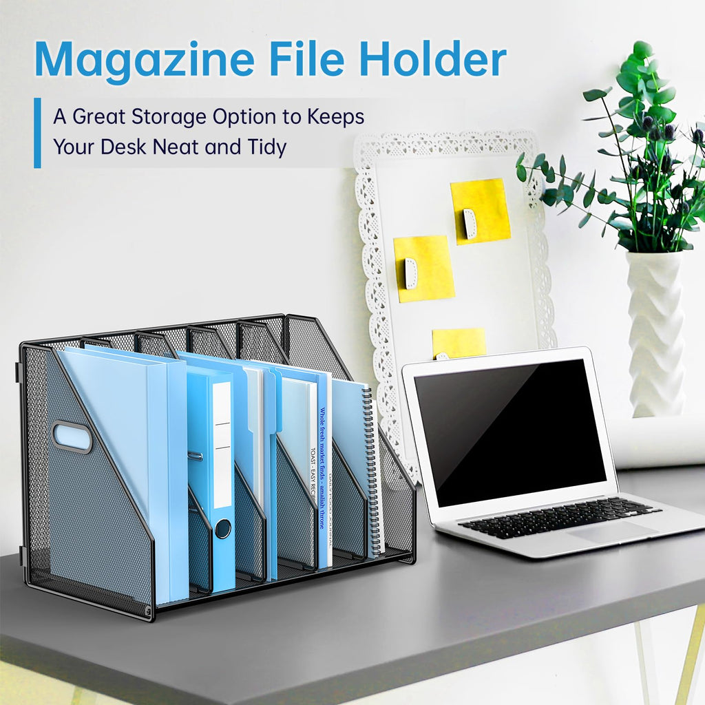 Desk File Organizer Metal Desk Magazine Folder Holder with 5 Vertical Compartments Rack File Organizer for Office, Home, School, Black