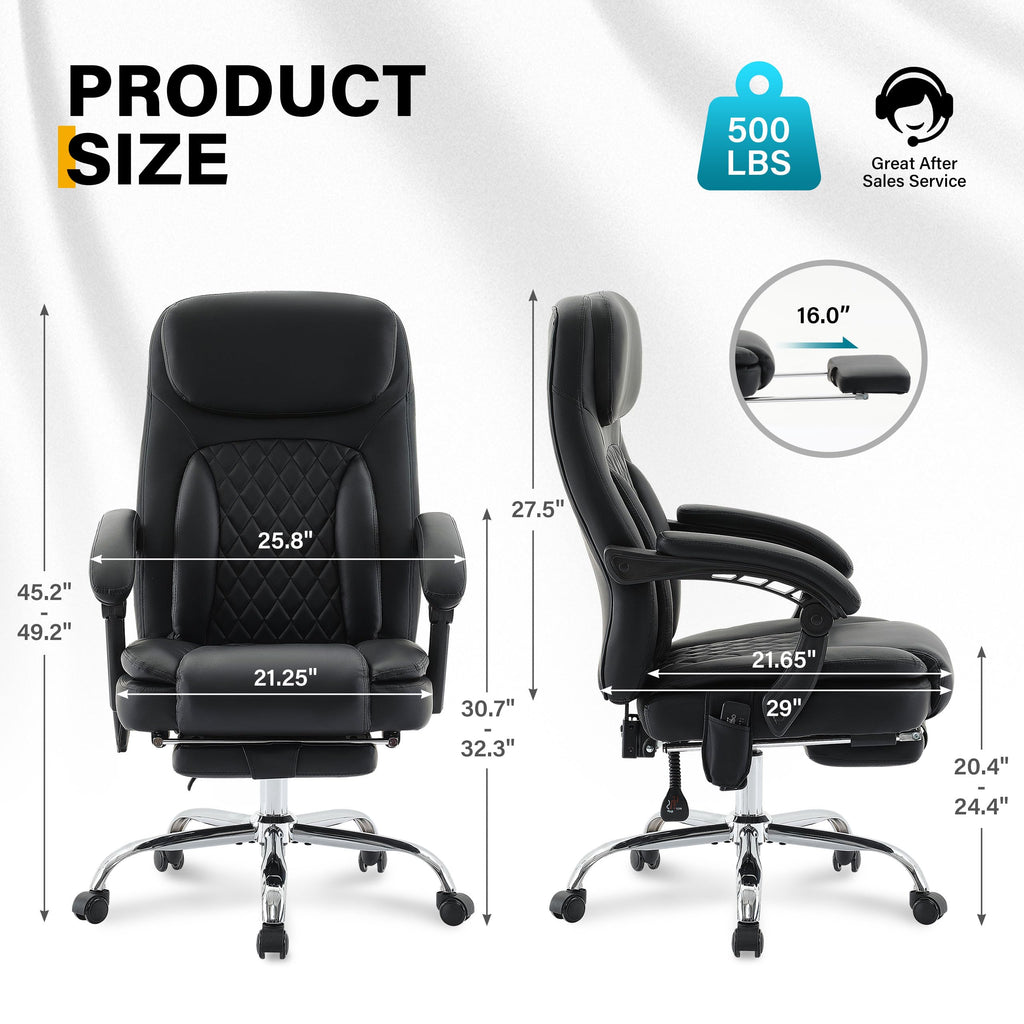 6-Point Massage Office Chair with Heated, Ergonomic Office Chair with Footrest & 45°Reclining High Back, Big and Tall Executive Office Chair 500LBS, Thick Cushion Desk Chair for Home Office, Black