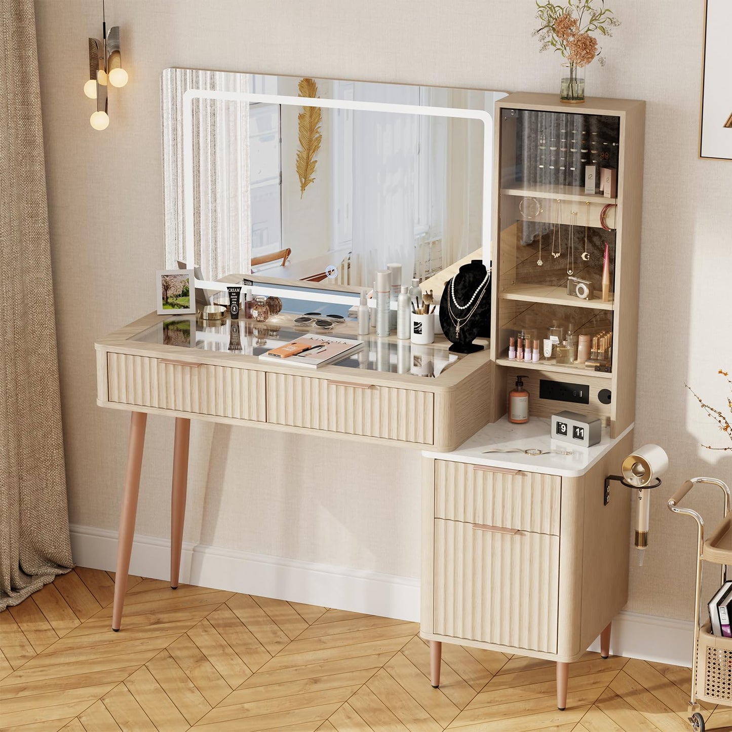 Fluted Makeup Vanity Desk with Mirror and Lights, 3 Color Modes & Adjustable Brightness Dressing Table, Large Vanity Table Set with 3 Drawers & Storage Cabinet for Bedroom, Oak 48"