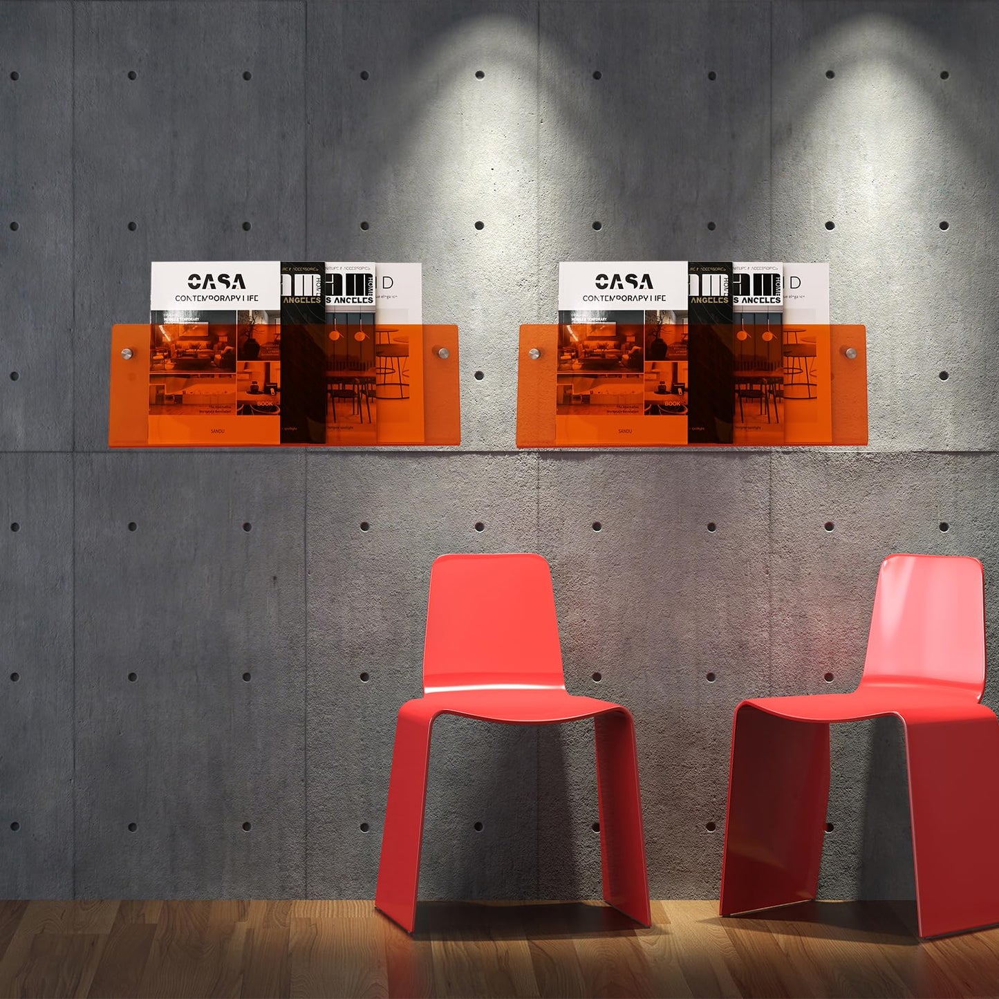 2 Pack Orange Acrylic Magazine Holder, Wall Mount Hanging Bookshelf Literature Storage Rack, Brochure File Display Shelf for Waiting Room, Living Room, Office, Home