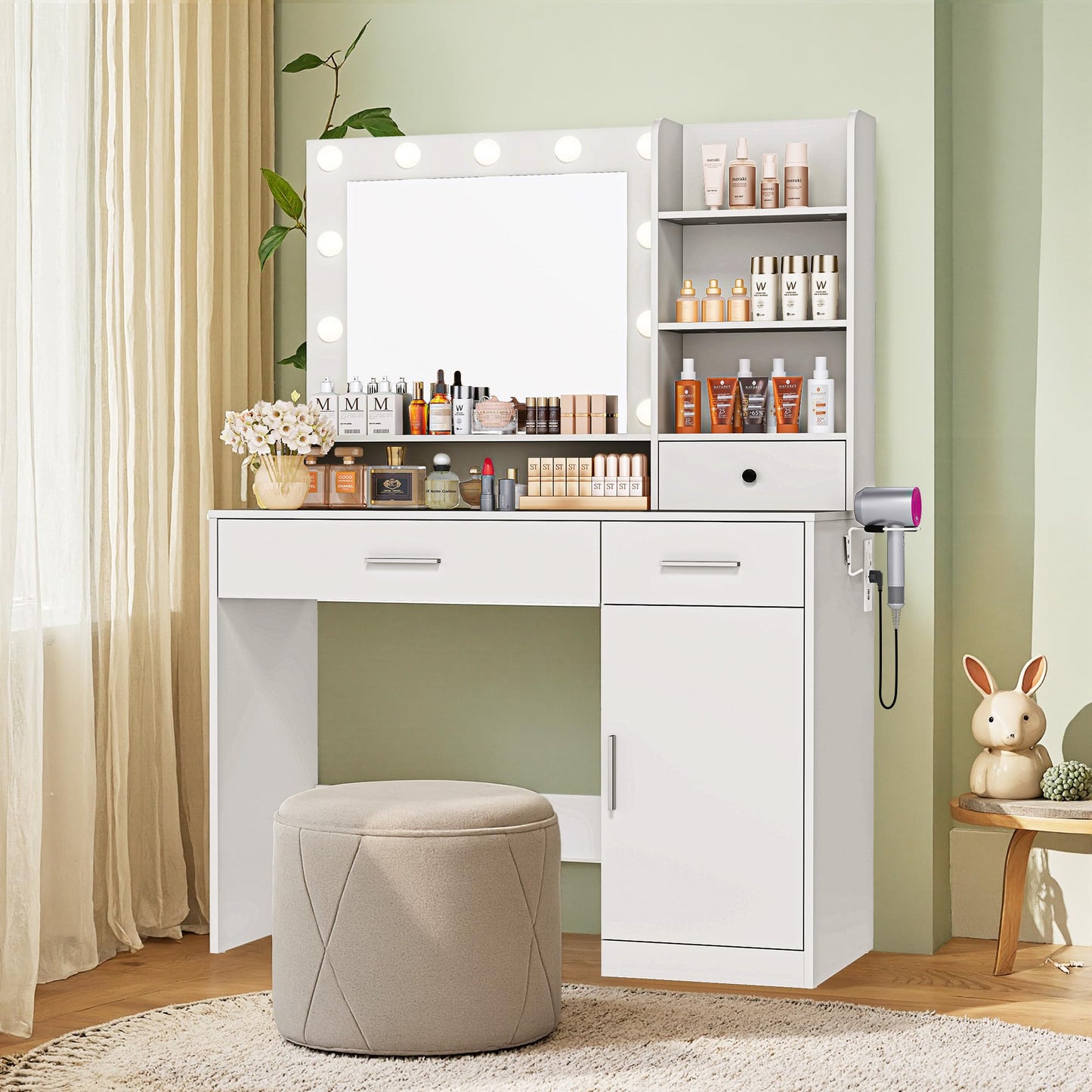 Vanity Desk with Adjustable Lighten Mirror & Power Outlet, Makeup Desk for Bedroom with a Storage Stool and 3 Drawers, 4 Storage Shelves, White Dresser for Girls