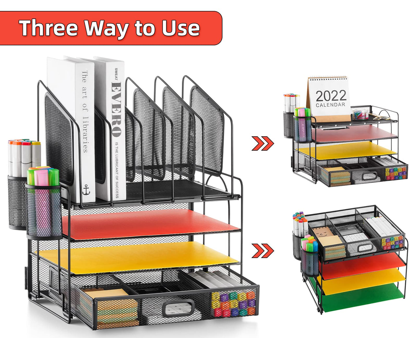 Desk Organizer with Drawer, 4-Tier Mesh Desk File Organizer with 5 Vertical File Holders and 2 Pen Holders, Multifunction Desktop Organizer