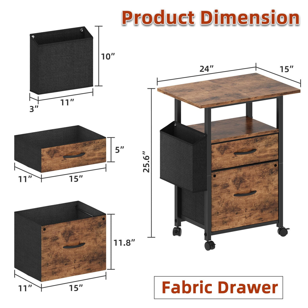 Drawer File Cabinet with 24'' Extended Desktop, Mobile Filing Cabinet, Rolling File Cabinet with Side Bag, Fabric Drawer, Fits A4/Letter Size, Printer Stand Home Office, Light Brown