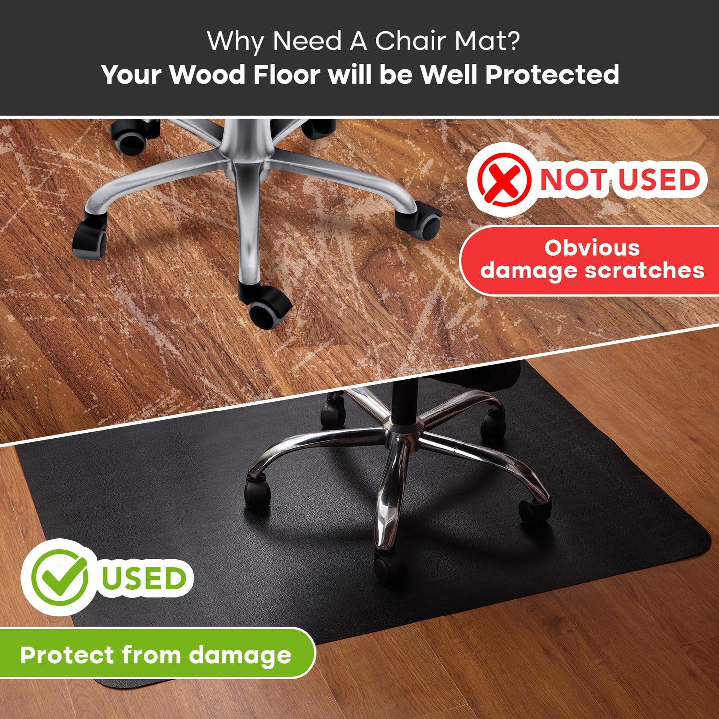Office Chair Mat for Hardwood Floor: 53"x45" Large Black Rolling Chair Mat for Hard Wood and Tile Floor, Anti-Slip Heavy Duty Floor Protector Mat Under Computer Desk, Easy Glide Chair Mat for Home