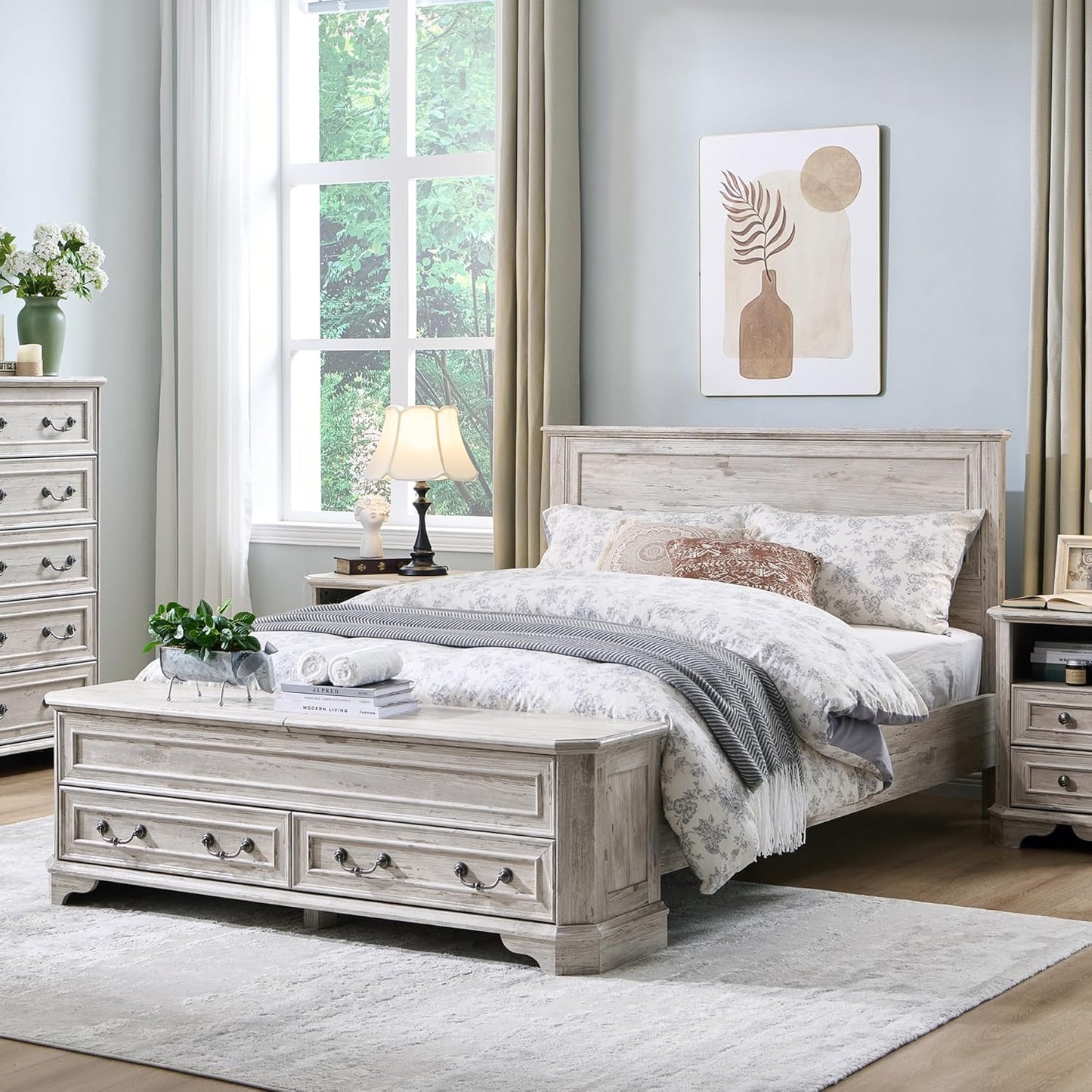 King - Farmhouse Bed with Headboard and Storage Bench - Rustic Wood Platform Bed with Storage Chest and 4 Large Drawers, Distressed White