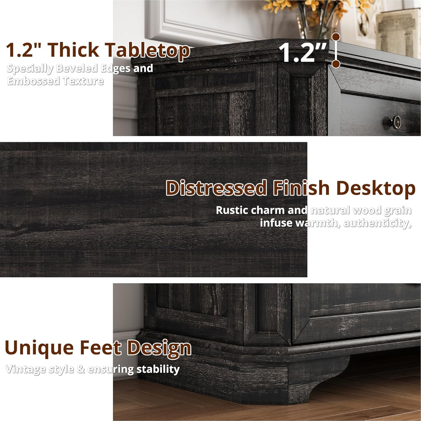 Farmhouse 7 Drawers Dresser for Bedroom, 59" Long Dresser with Charging Station, Natural Texture, Vintage Design, for Bedroom, Charcoal