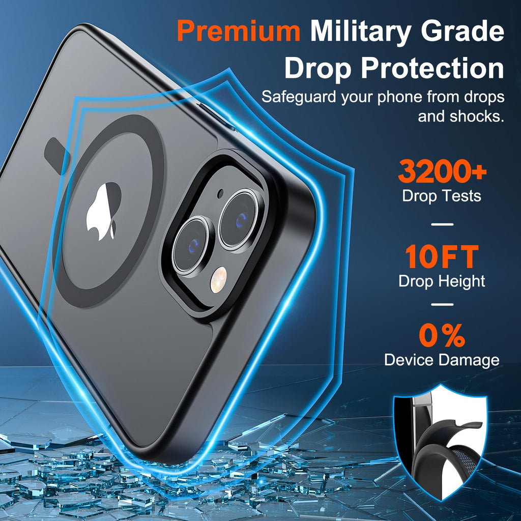 Magnetic for iPhone 14 Case & iPhone 13 Case (Compatible with MagSafe)(Military Grade Drop Protection) Slim Translucent Matte Shockproof Phone Cover,Black