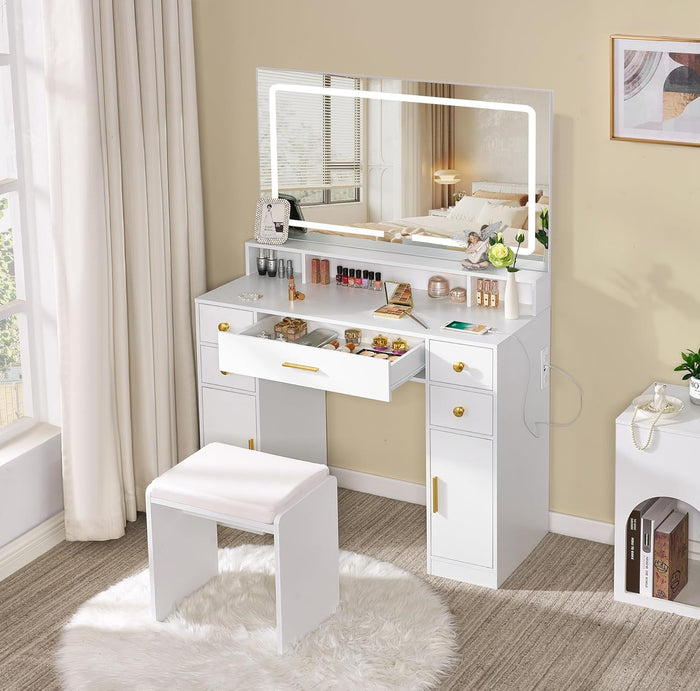 Makeup Vanity & Lighted Mirror, Vanity Desk with Power Strip, Adjustable Lighting, 4 Drawers, and Cushioned Stool for Bedroom, Dressing Room, Ivory