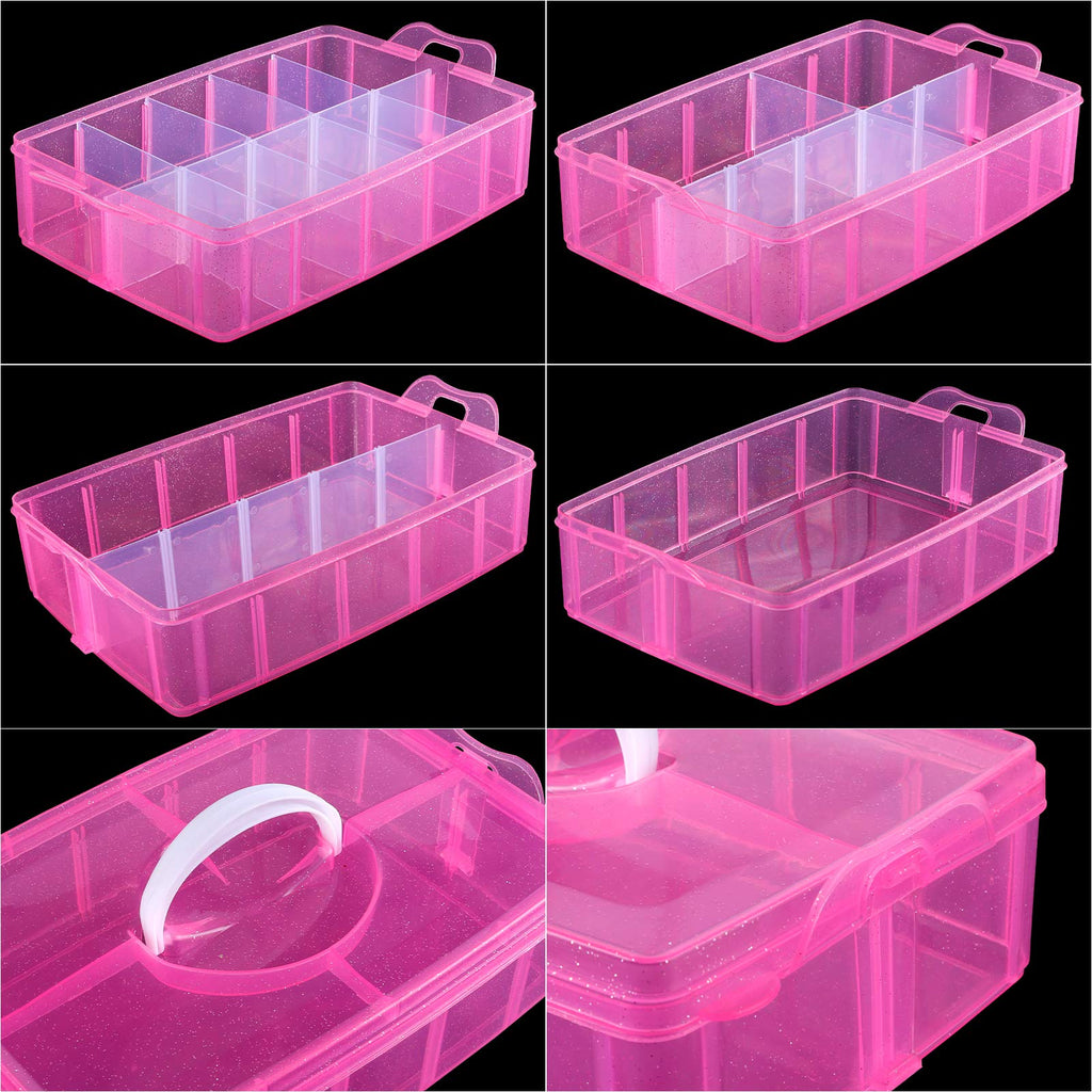 3-Tier Pink Craft Storage Container, Stackable Organizer Box with Dividers for Art Supplies, Beads, Washi Tapes, Seed, Hair Accessories, Nail, 9.5X6.5X7.2in