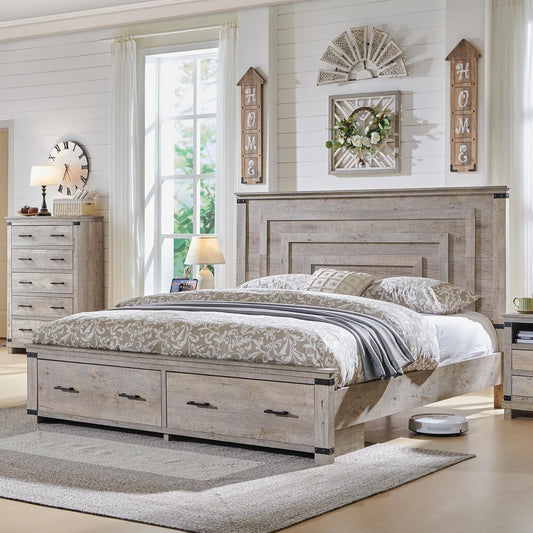 Farmhouse King Size Bed Frame w/ 54" Tall Geometric Headboard, Rustic Wood Platform Bed w/ 2 Large Storage Drawers, Wood Slats Support, Noise Free, No Box Spring Needed, Light Rustic Oak