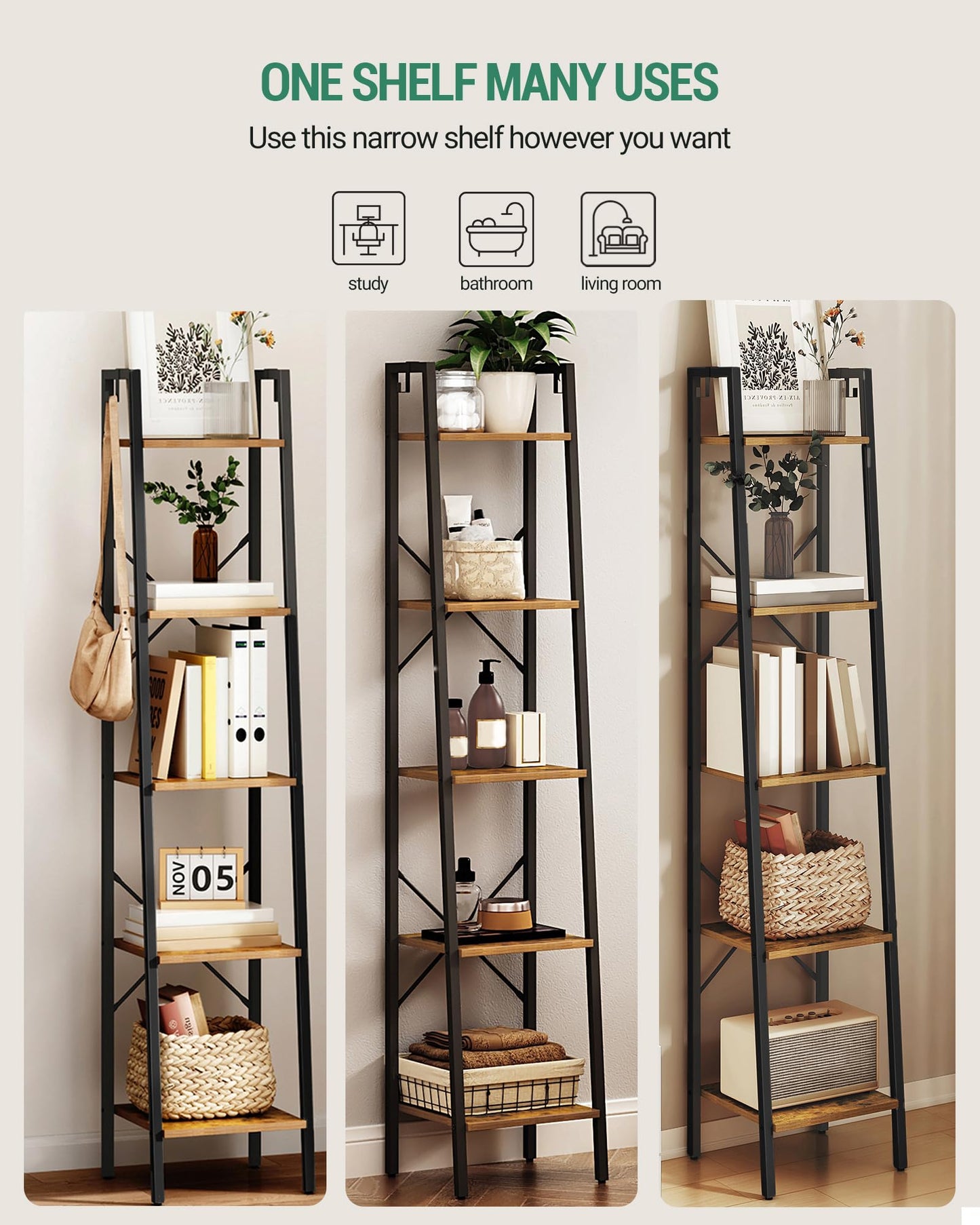 Ladder Shelf, Bookshelf Bookcase, Freestanding Corner Storage Shelve with 2 Hooks for Home Office, Living Room, Kitchen, Bedroom, Industrial, 5-Tier Rustic Brown BC03201B