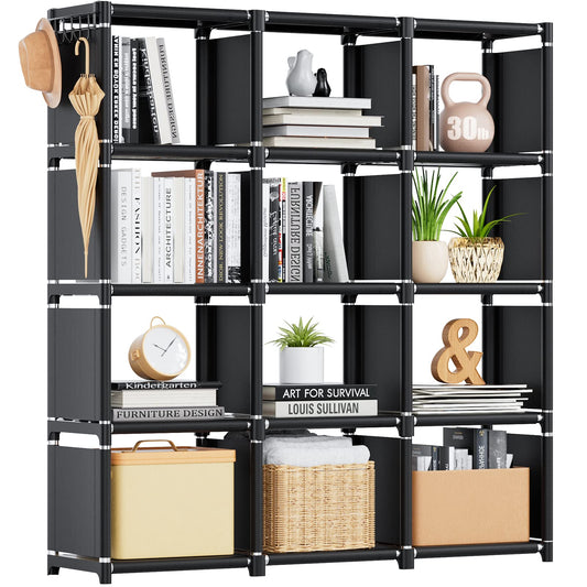 Book Shelf, 12 Cube Storage Organizer, DIY Bookcase, Metal Bookshelf,Tall Book case for Bedroom, Living Room,Office,Closet, Black Cubicle Rack