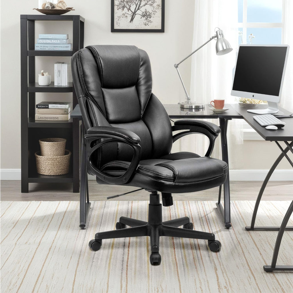 Office Executive Chair High Back Adjustable Managerial Home Desk Chair, Swivel Computer PU Leather Chair with Lumbar Support (Black)