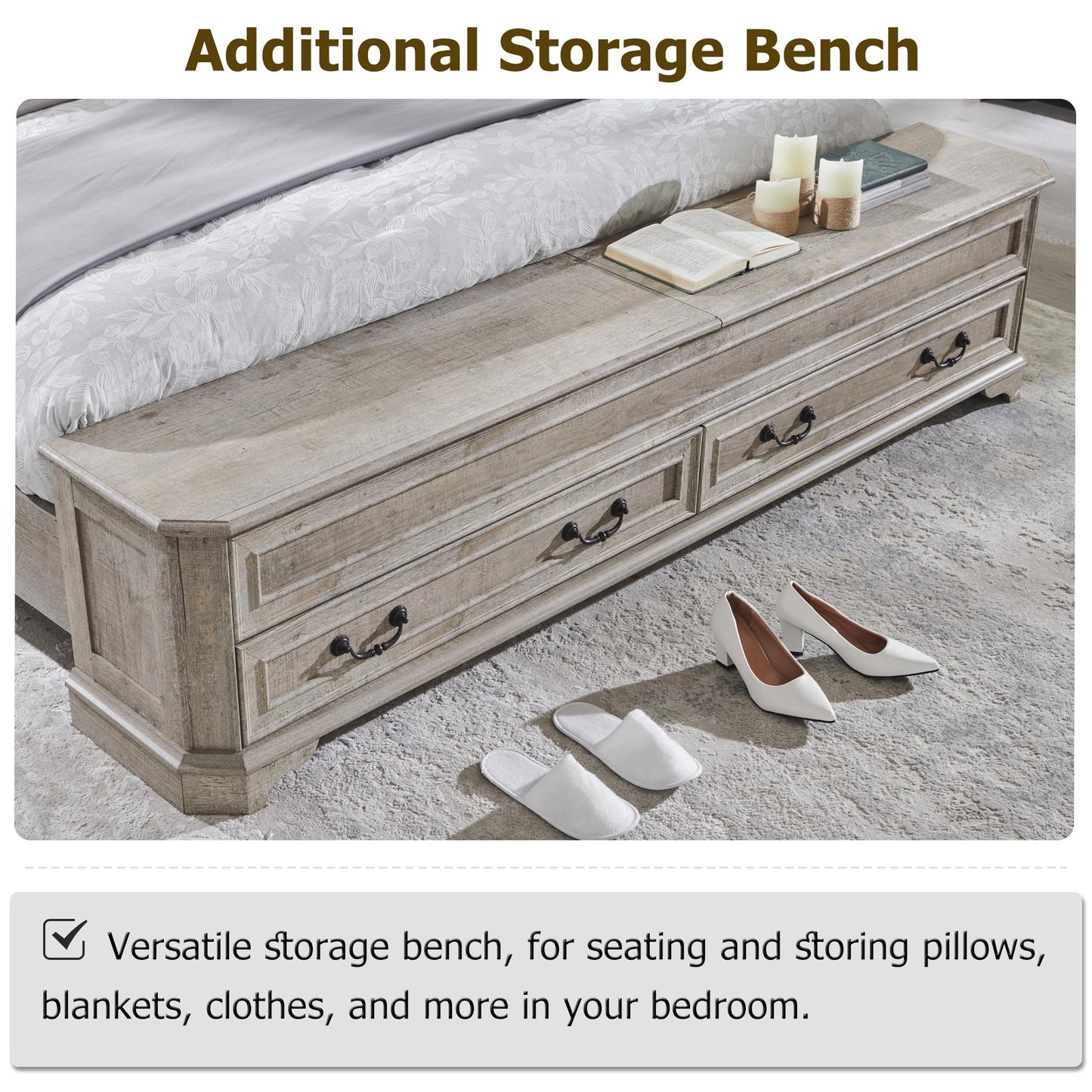Farmhouse King Bed with Headboard and Storage Bench, Rustic Wood Platform Bed with 80" Storage Chest w/ 4 Large Drawer, Light Rustic Oak