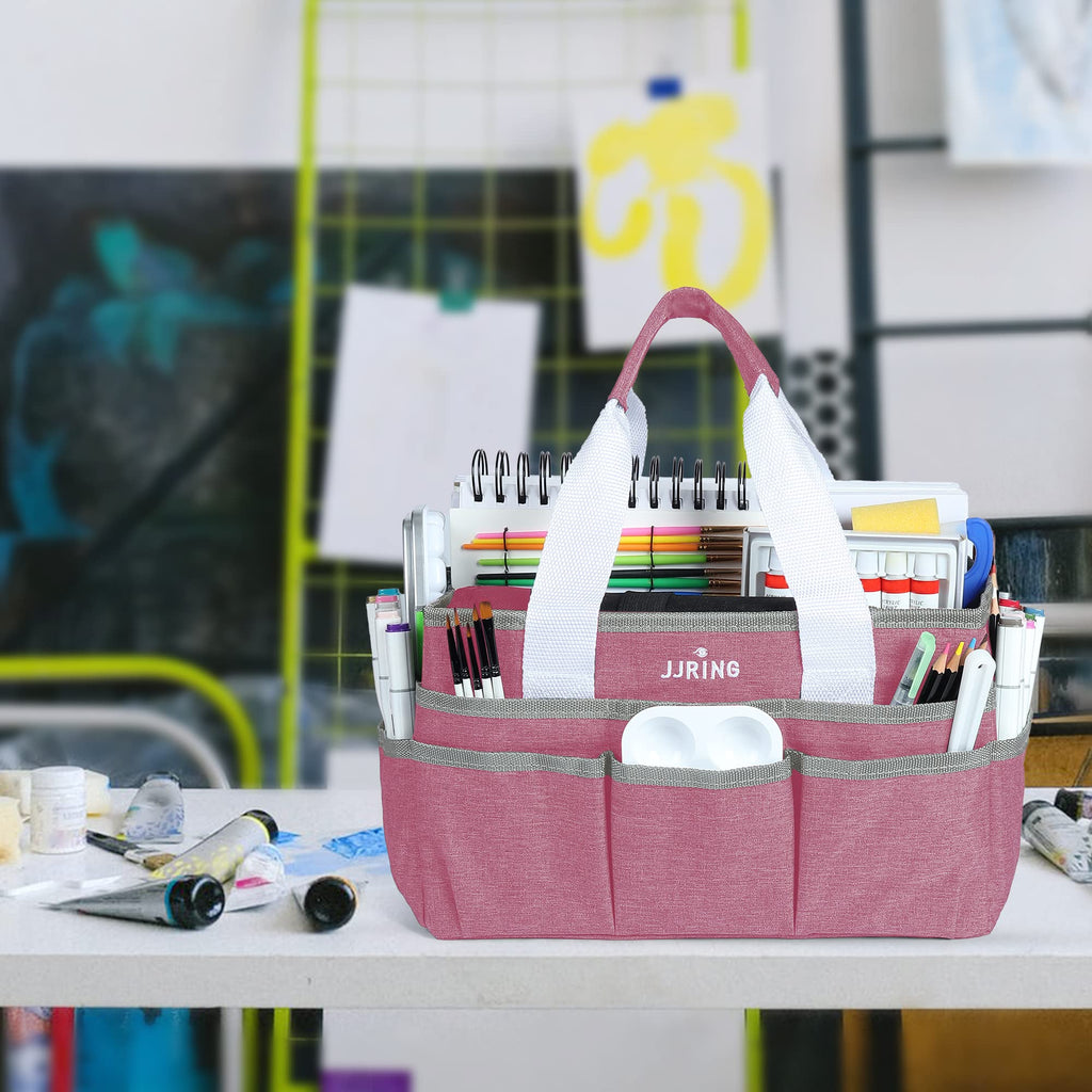 Craft Organizer Tote Bag, Art Storage Caddy with Multiple Pockets, Pink Sewing Bag for Art, Craft, Scrapbooking, School, Medical, and Office Supplies Storage