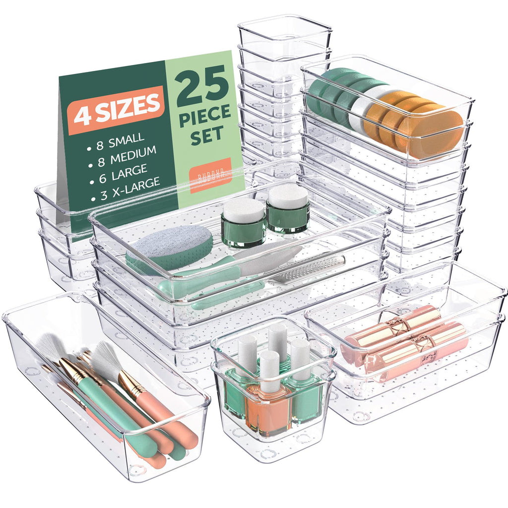 25 PCS Clear Plastic Drawer Organizers Set, 4 Sizes Clear Drawer Organizers & Storage Bins for Makeup/Jewelry Vanity, Kitchen