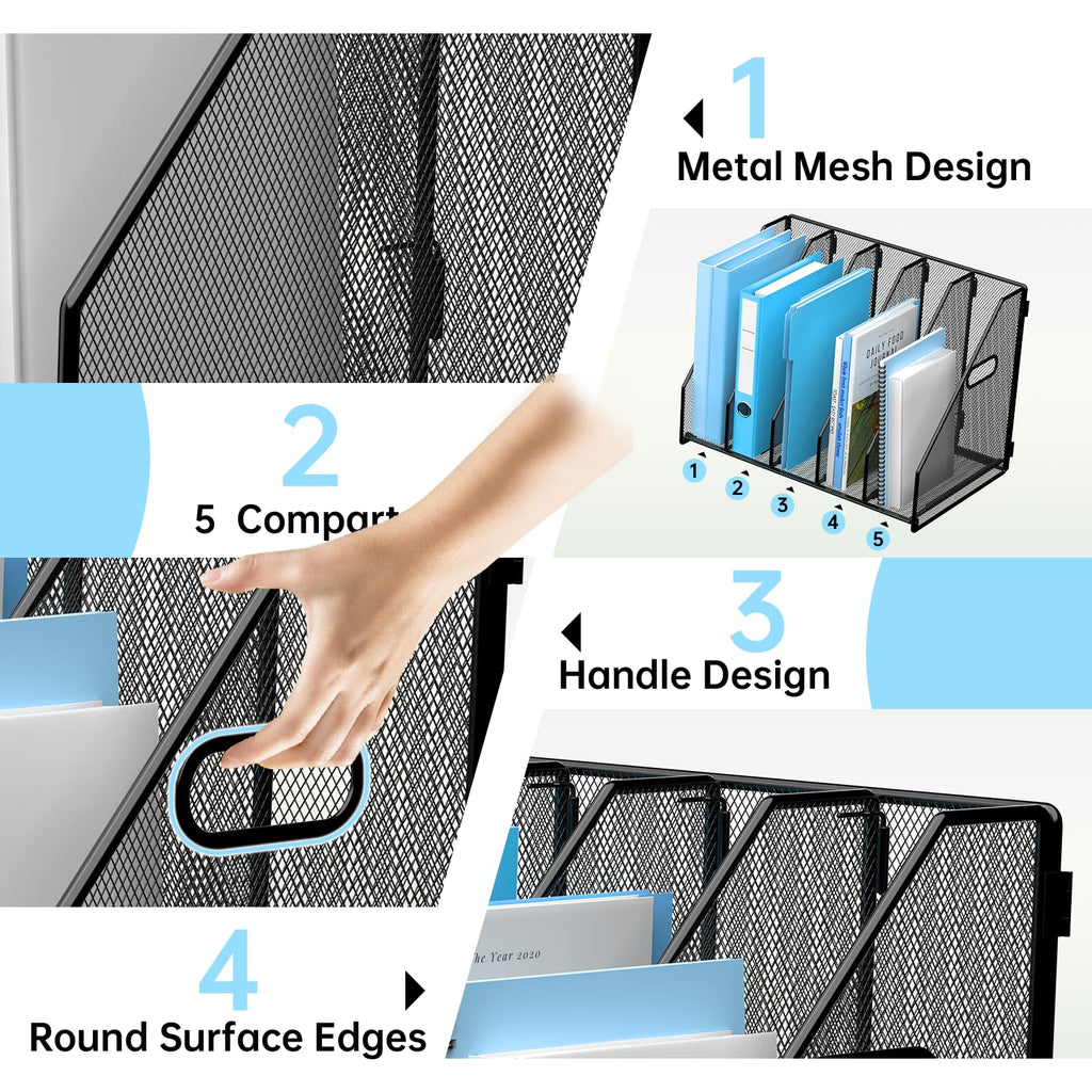 Desk File Organizer Metal Desk Magazine Folder Holder with 5 Vertical Compartments Rack File Organizer for Office, Home, School, Black