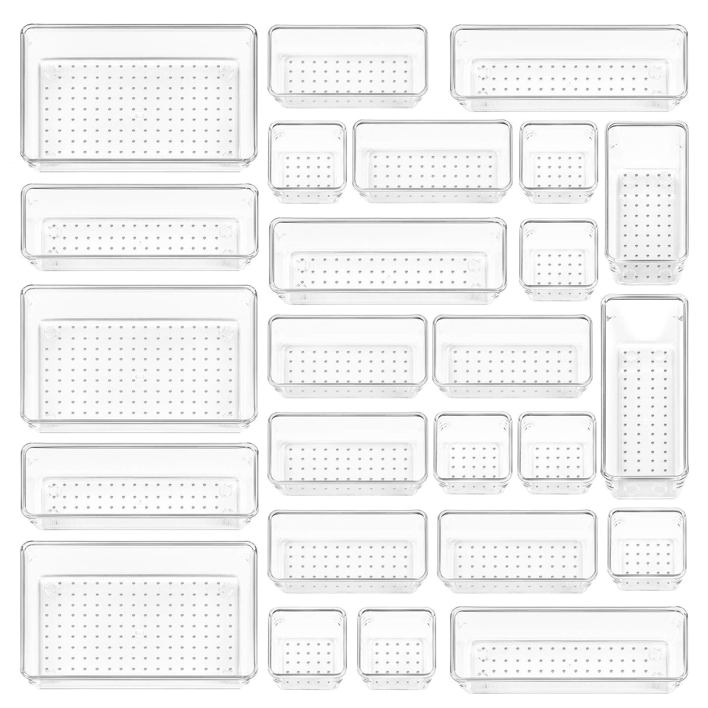 25 PCS Clear Plastic Drawer Organizers Set, 4-Size Versatile Bathroom and Vanity Drawer Organizer Trays, Storage Bins for Makeup, Bedroom, Kitchen Gadgets Utensils and Office