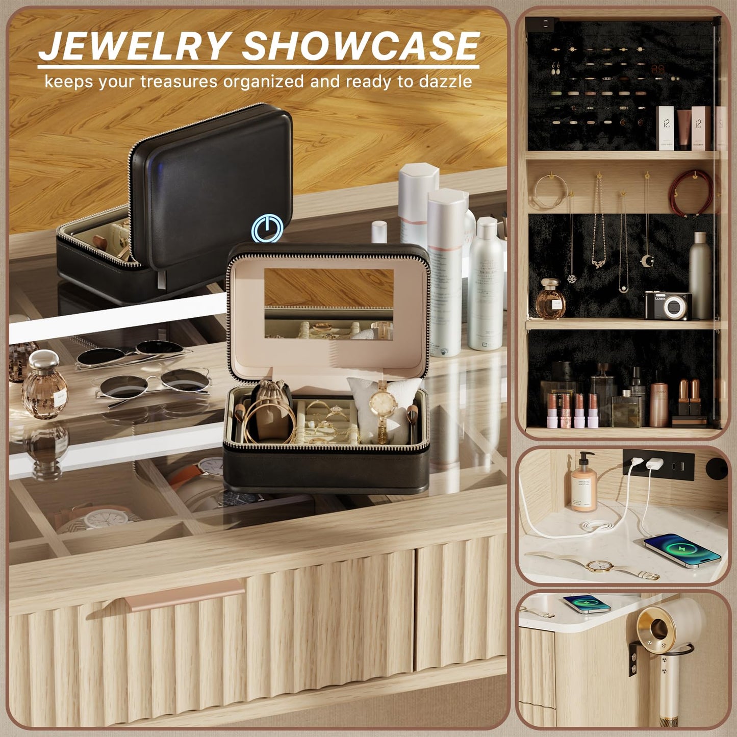 Fluted Makeup Vanity Desk with Mirror and Lights, 3 Color Modes & Adjustable Brightness Dressing Table, Large Vanity Table Set with 3 Drawers & Storage Cabinet for Bedroom, Oak 48"