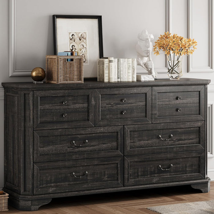 Farmhouse 7 Drawers Dresser for Bedroom, 59" Long Dresser with Charging Station, Natural Texture, Vintage Design, for Bedroom, Charcoal