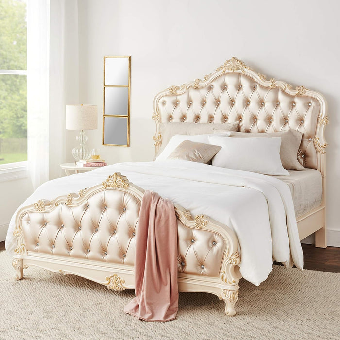 California King - Chantelle Bed Rose Gold PU & Pearl White with French Rococo Design