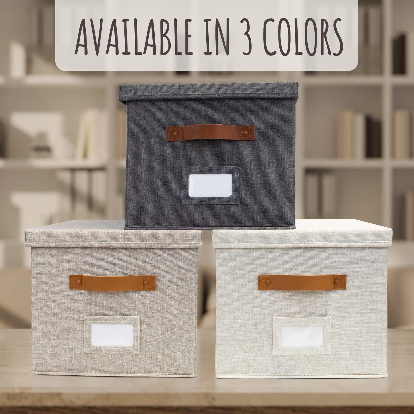Decorative File Organizer Box Set of 2 - Collapsible Linen Filing Cabinets w/Handles Are Perfect to Store all Your Documents & Hanging File Folders - Portable Easy Slide Crates with Lid