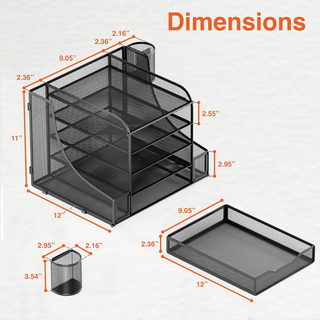 5 Tier Mesh Desk Organizer PLUS - The Upgraded Time, Space & Sanity Saving Desktop Organizer System for Productivity Success - Ideal Pencil File Paperclip Post It Holder Mail Folder Organizer