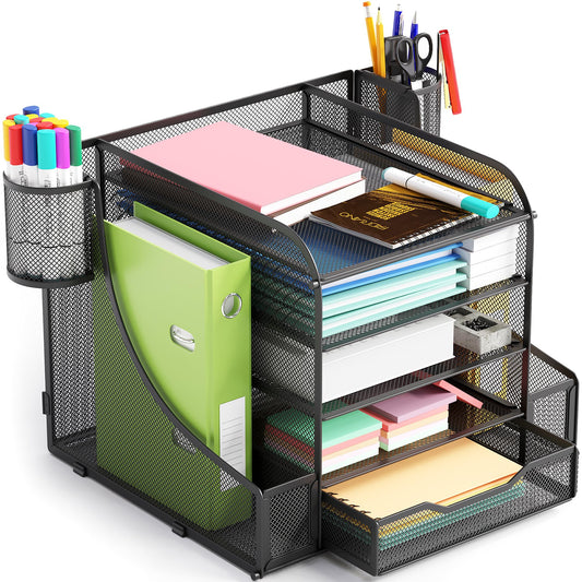 5 Tier Mesh Desk Organizer PLUS - The Upgraded Time, Space & Sanity Saving Desktop Organizer System for Productivity Success - Ideal Pencil File Paperclip Post It Holder Mail Folder Organizer