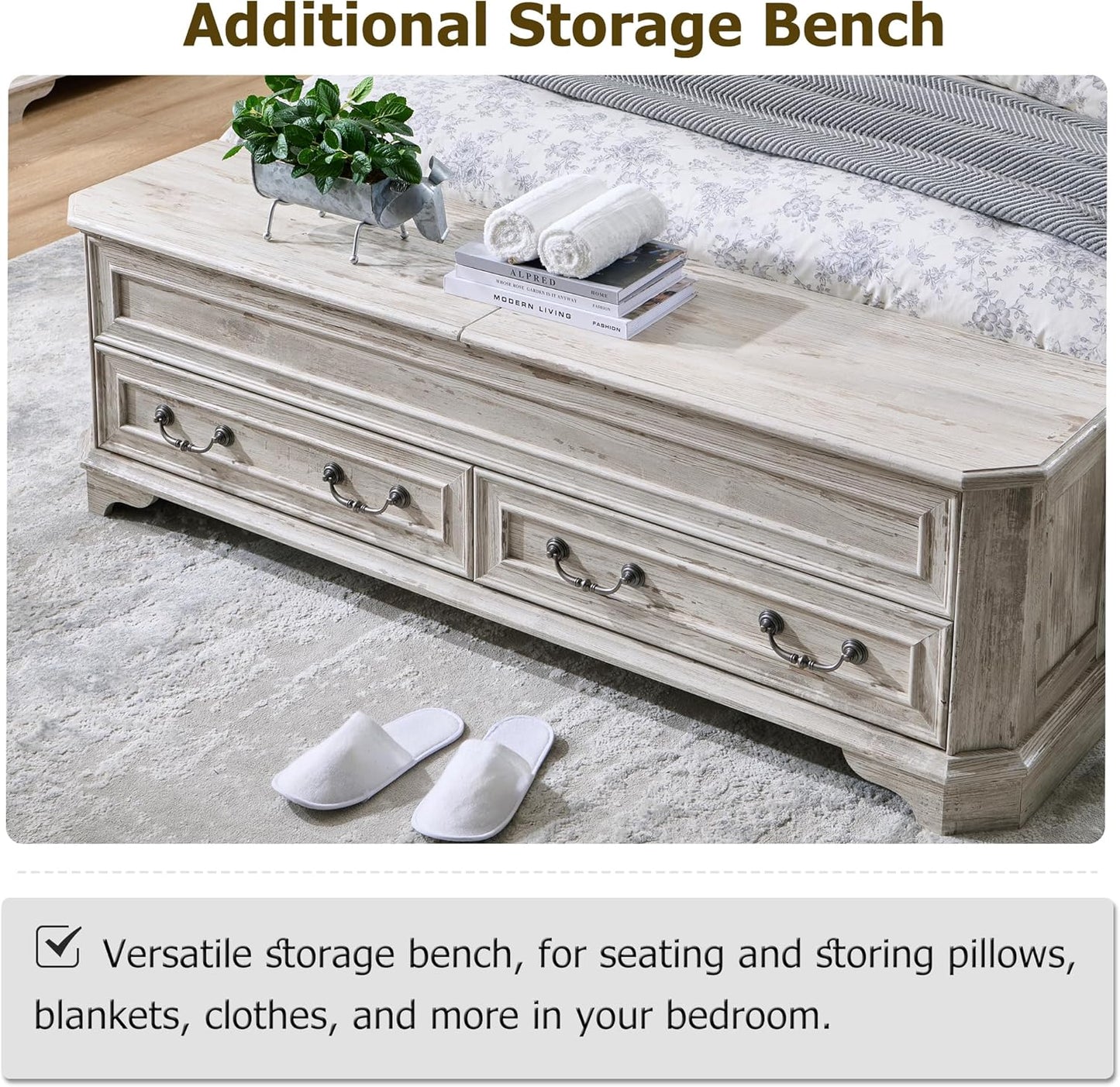 King - Farmhouse Bed with Headboard and Storage Bench - Rustic Wood Platform Bed with Storage Chest and 4 Large Drawers, Distressed White