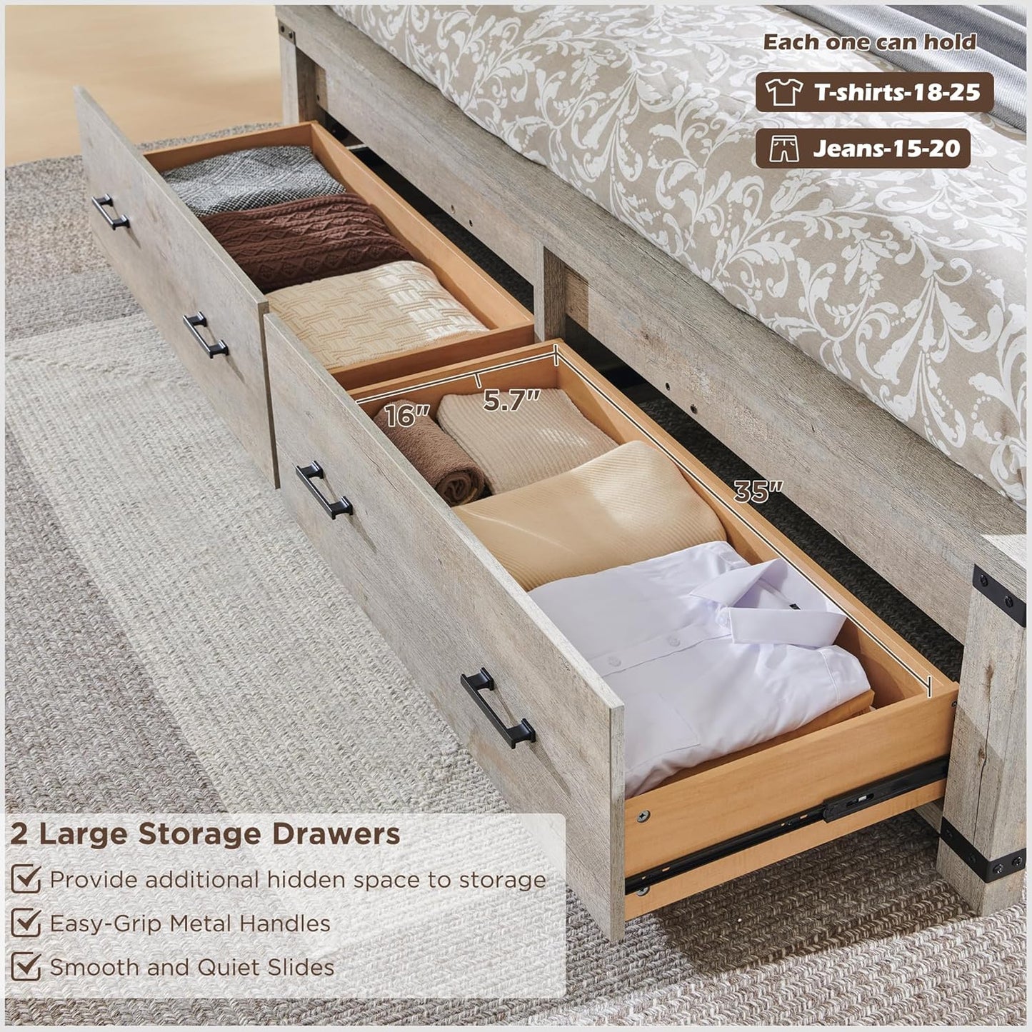 Farmhouse King Size Bed Frame w/ 54" Tall Geometric Headboard, Rustic Wood Platform Bed w/ 2 Large Storage Drawers, Wood Slats Support, Noise Free, No Box Spring Needed, Light Rustic Oak