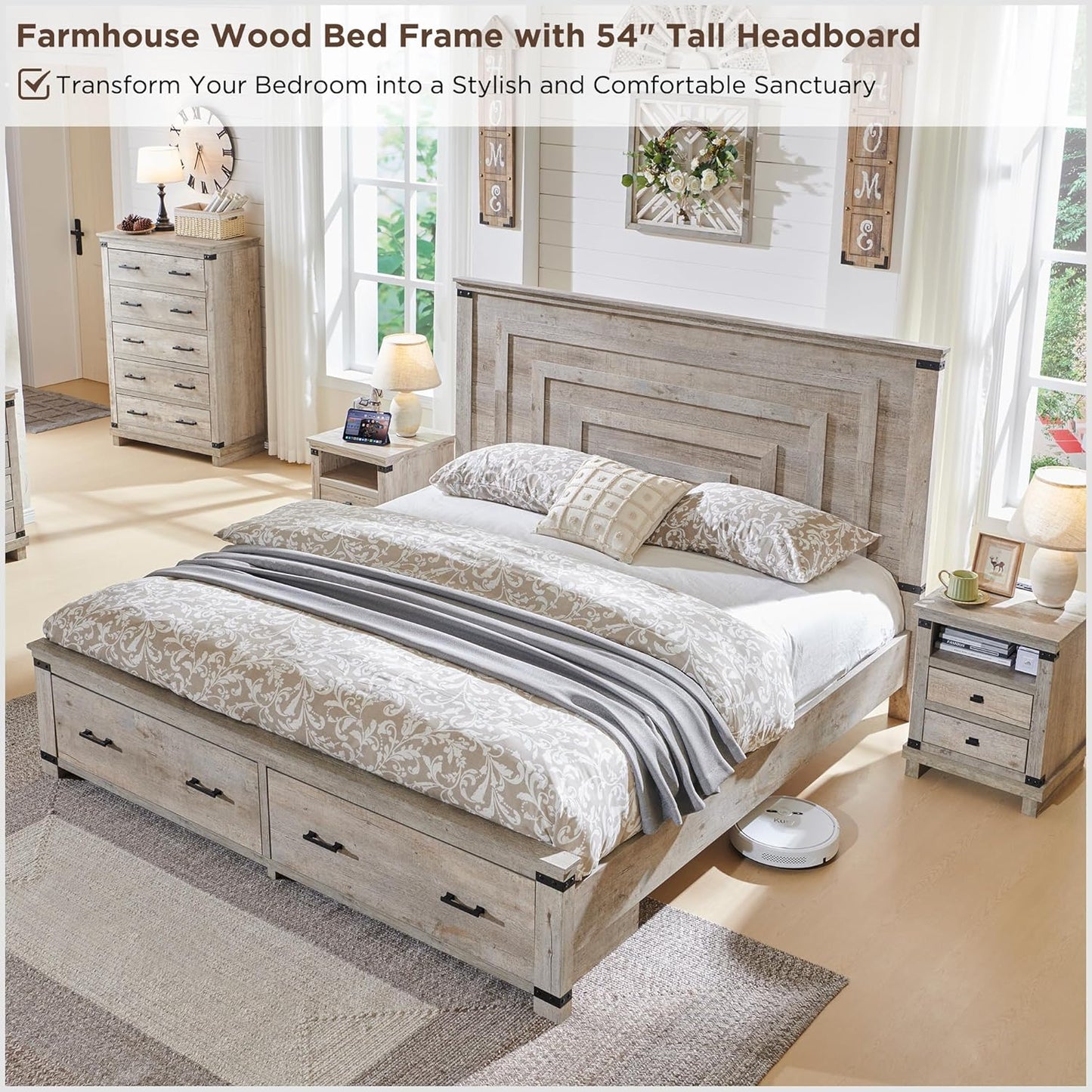 Farmhouse King Size Bed Frame w/ 54" Tall Geometric Headboard, Rustic Wood Platform Bed w/ 2 Large Storage Drawers, Wood Slats Support, Noise Free, No Box Spring Needed, Light Rustic Oak