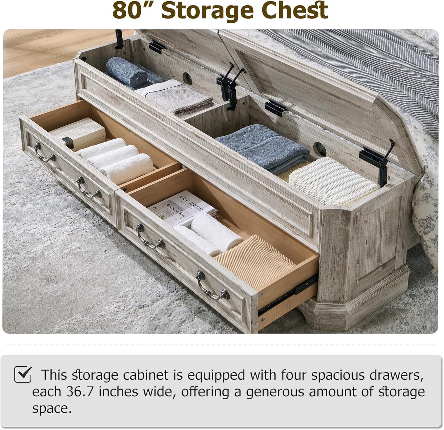 King - Farmhouse Bed with Headboard and Storage Bench - Rustic Wood Platform Bed with Storage Chest and 4 Large Drawers, Distressed White