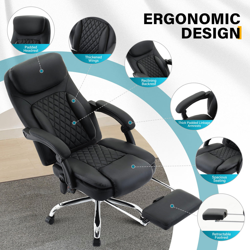 6-Point Massage Office Chair with Heated, Ergonomic Office Chair with Footrest & 45°Reclining High Back, Big and Tall Executive Office Chair 500LBS, Thick Cushion Desk Chair for Home Office, Black