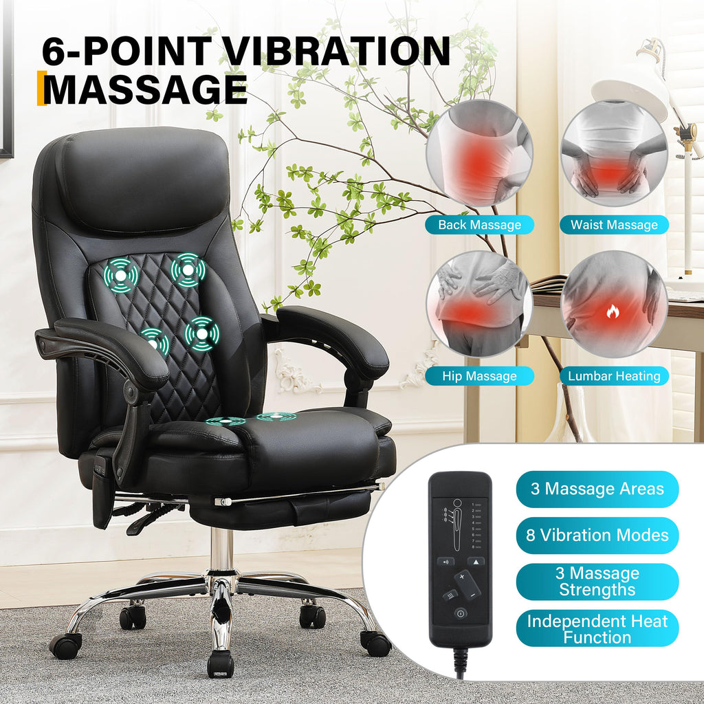 6-Point Massage Office Chair with Heated, Ergonomic Office Chair with Footrest & 45°Reclining High Back, Big and Tall Executive Office Chair 500LBS, Thick Cushion Desk Chair for Home Office, Black