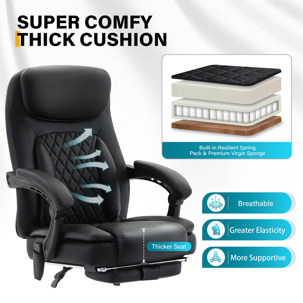 6-Point Massage Office Chair with Heated, Ergonomic Office Chair with Footrest & 45°Reclining High Back, Big and Tall Executive Office Chair 500LBS, Thick Cushion Desk Chair for Home Office, Black