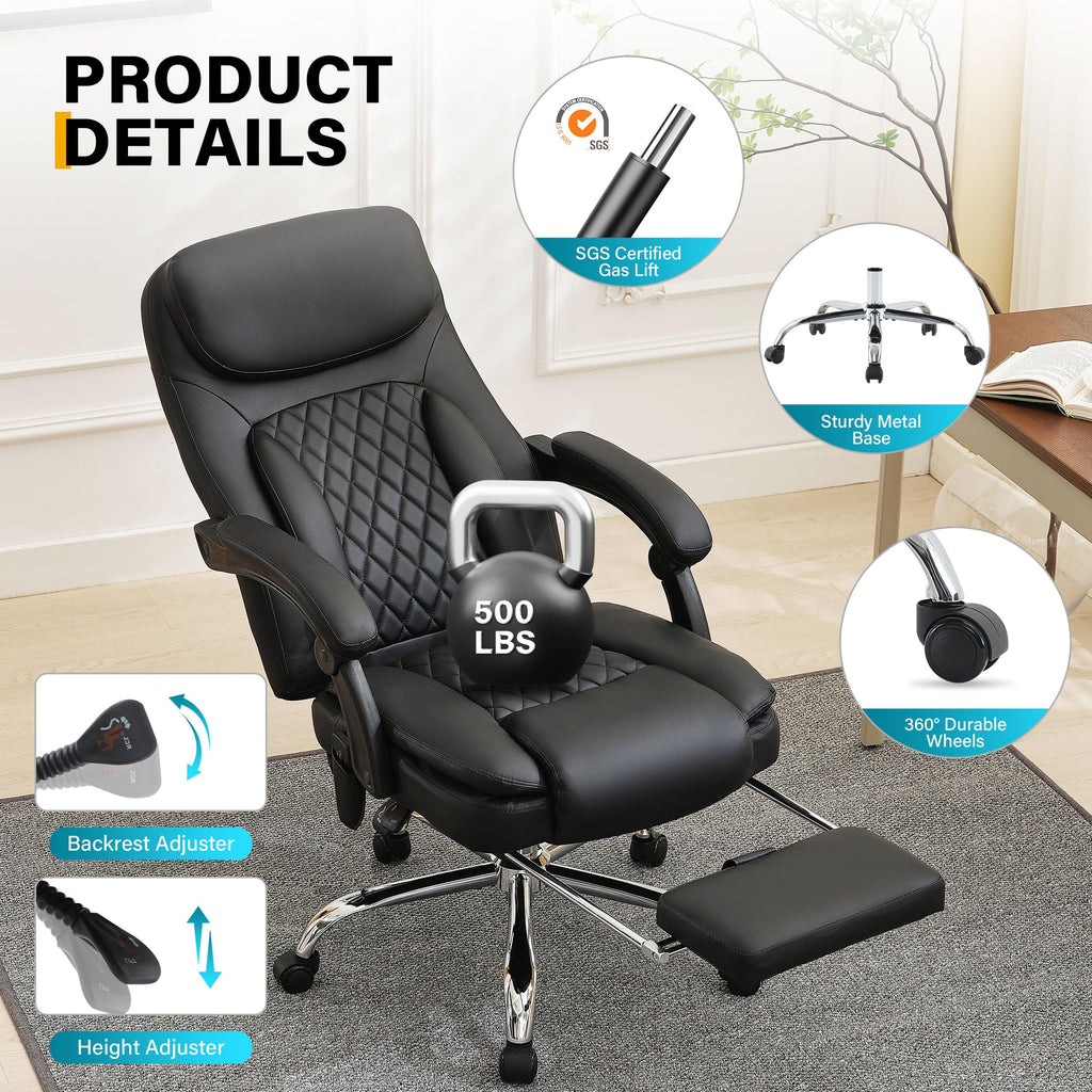 6-Point Massage Office Chair with Heated, Ergonomic Office Chair with Footrest & 45°Reclining High Back, Big and Tall Executive Office Chair 500LBS, Thick Cushion Desk Chair for Home Office, Black