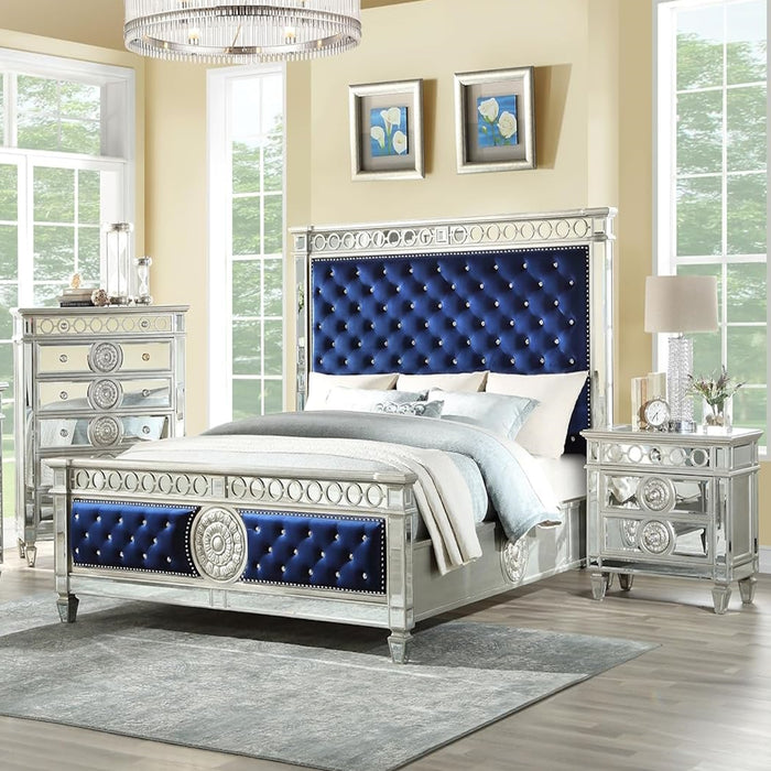 Queen - Varian Upholstered Panel Bed in Blue Velvet with Mirrored Accents