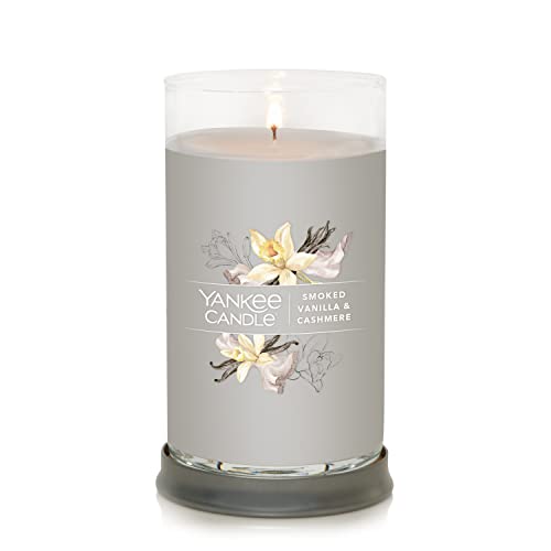 Yankee Candle Smoked Vanilla & Cashmere Signature Medium Pillar Candle, 14.25oz, Light Gray