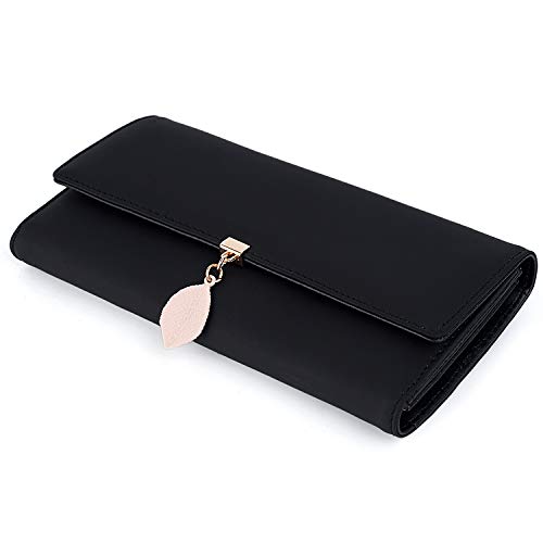 UTO Wallet for Women PU Leather Leaf Pendant Card Holder Phone Checkbook Organizer Zipper Coin Purse Black