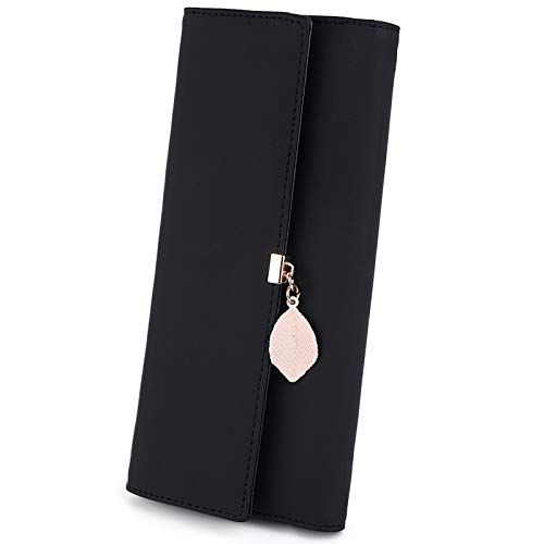 UTO Wallet for Women PU Leather Leaf Pendant Card Holder Phone Checkbook Organizer Zipper Coin Purse Black