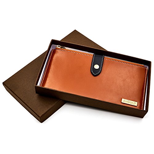ANDOILT Womens Genuine Leather Wallet RFID Blocking Credit Card Holder Zipper Purse Cell Phone Handbag Brown