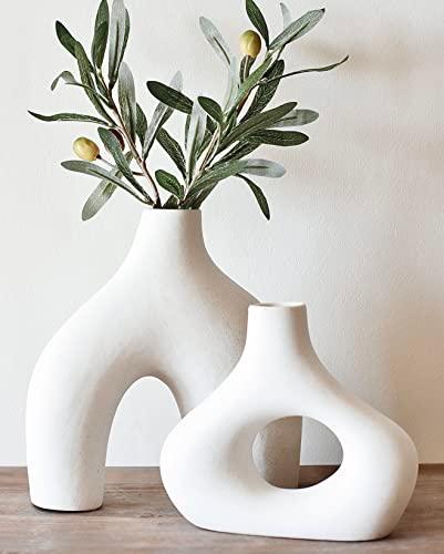 Carrot's Den Donut Vase, Set of 2 - Minimalist Nordic Style, White Ceramic Hollow Donut Vase Decor | Table Centerpiece, Boho, Wedding, Living Room, Bookshelf, Office, Modern Home Decor (Warm White) - Better Savings Group