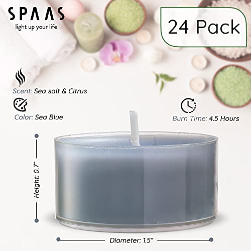 SPAAS Scented Tea Lights Candles in Clear Cups - Sea Salt & Citrus Fragrance | Premium Long Burning Scented Tealight Candles for Spa, Romantic Décor, Meditation, Dinner, and Home Décor | Pack of 24