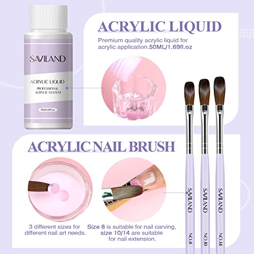 Saviland Acrylic Nail Kit: All-in-One Beginner Nail Kit 15g Clear/White/Pink Acrylic Powder and Liquid Set with Acrylic Nail Brush Nail Forms Glass Dappen Dish, Easy to Use Nails Kit Acrylic Set