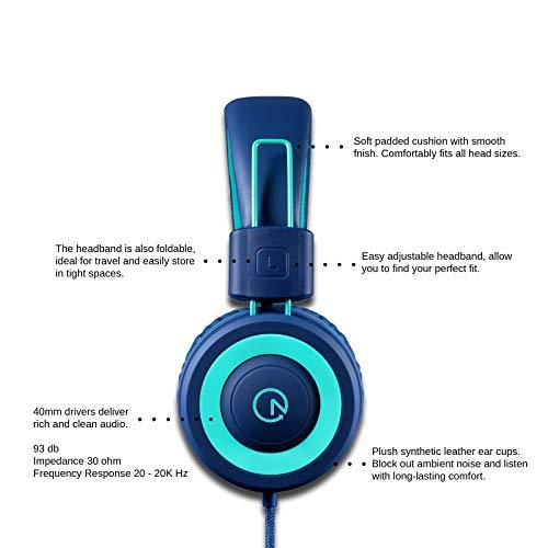 Kids Headphones - noot products K11 Foldable Stereo Tangle-Free 3.5mm Jack Wired Cord On-Ear Headset for Children/Teens/Boys/Girls/Smartphones/School/Kindle/Airplane Travel/Plane/Tablet (Navy/Teal) - GEAR4EVER